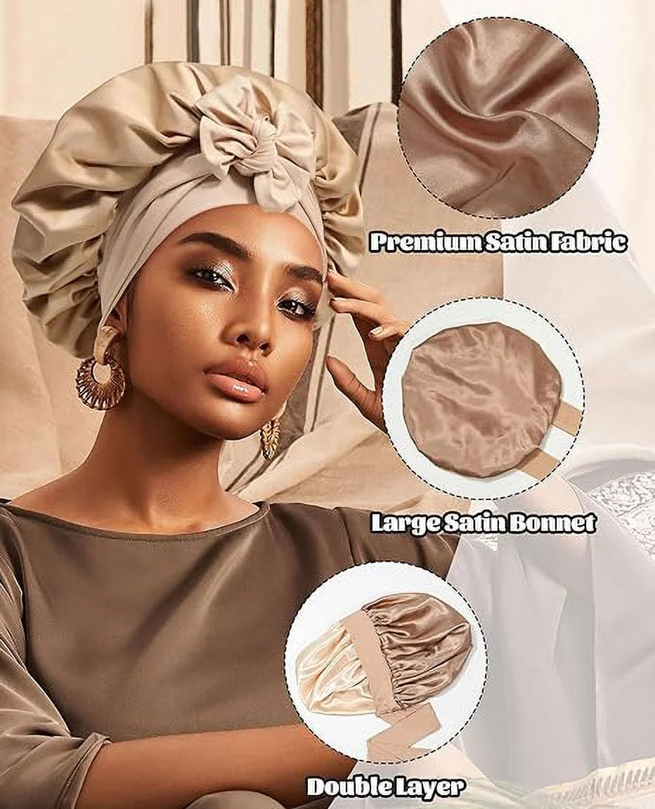 Satin Bonnet Silk Bonnet for Sleeping Silk Sleep Cap Double Layer Hair Bonnet with Elastic Tie Band